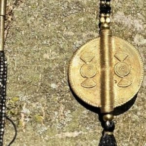 Messing-Kristall Halskette lang rund Ethno Design anthrazit